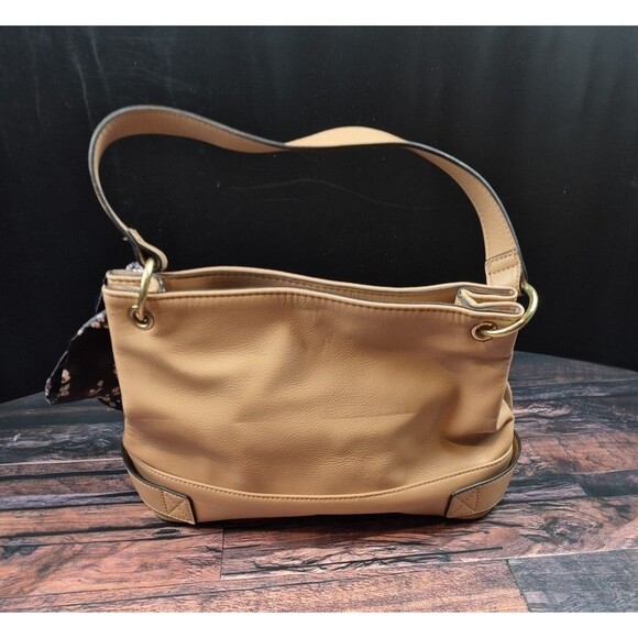 Max Studio Tan Hobo Bag Black Floral Scarf Accent Gold Hardware Single Strap Y2K - Picture 4 of 12